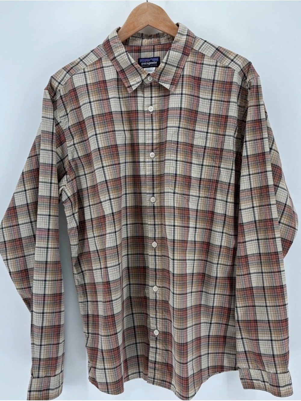 Patagonia Men's Beige Plaid Button-Down Shirt organic cotton